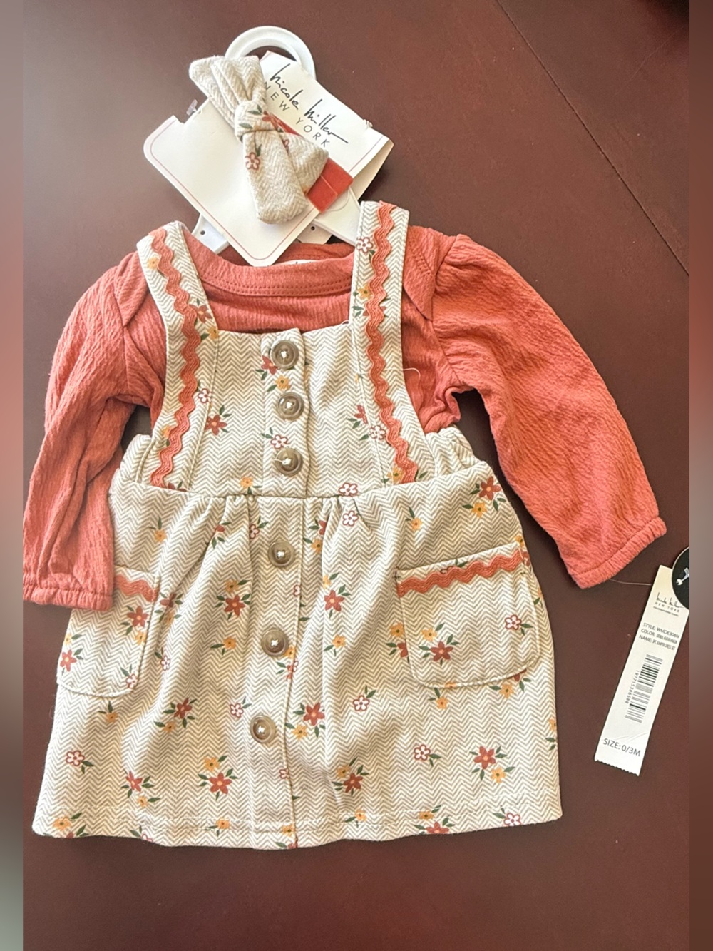 Nicole Miller Coral Top with Cream Floral Pinafore Set